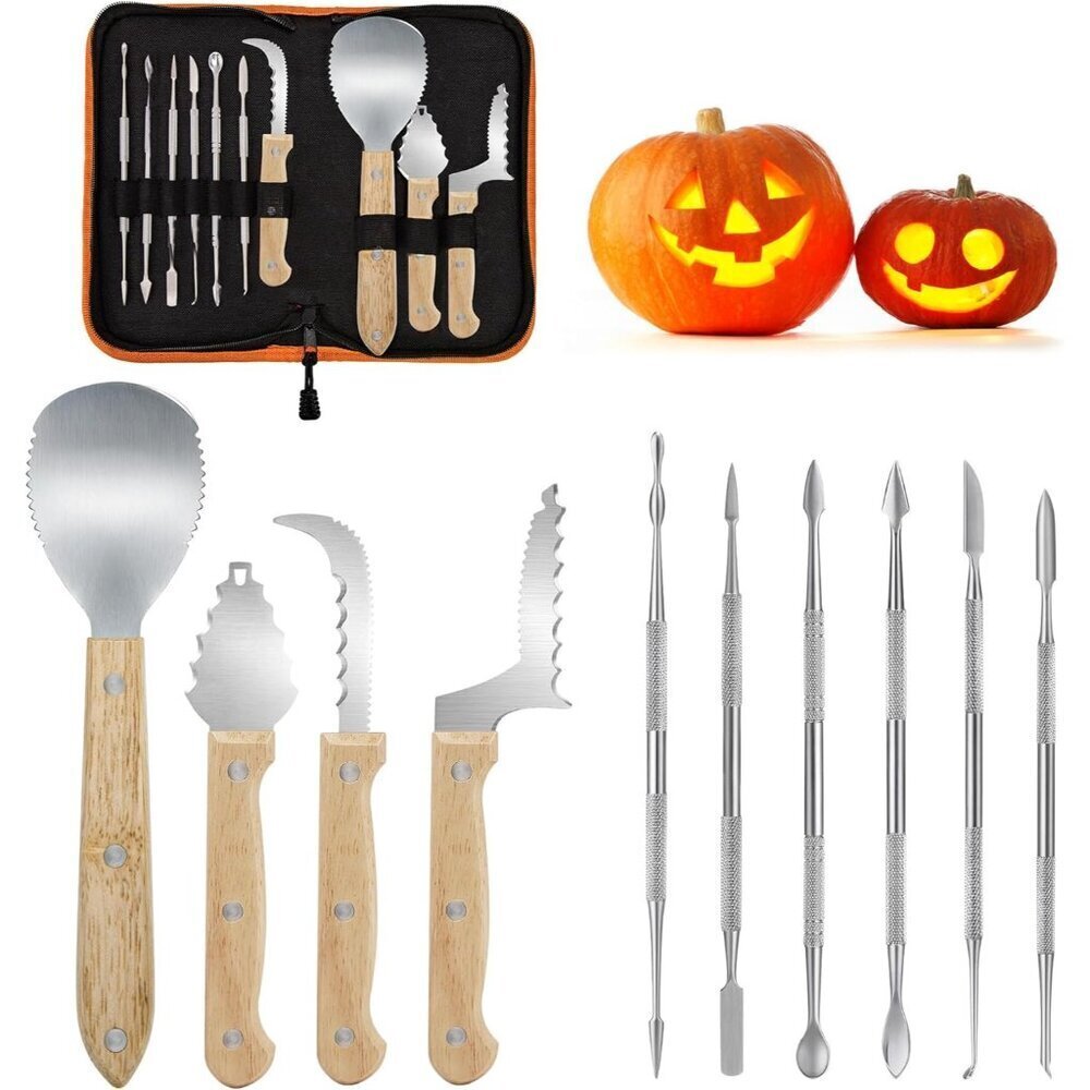 Pumpkin Carving Kit 10-Piece Stainless Steel Tools Wooden